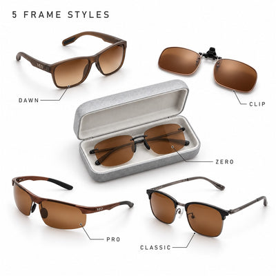 VEO BALLHAWK five frame styles: DAWN, CLIP-ON, ZERO, PRO and CLASSIC, all with brown golf lenses