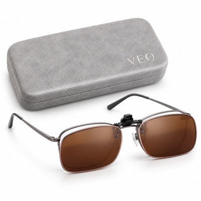 VEO BALLHAWK CLIP-ON on eyeglasses beside the closed grey VEO hard case