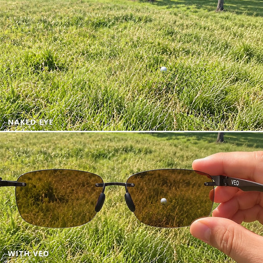 Golf ball in the rough with the naked eye and through the VEO BALLHAWK lens